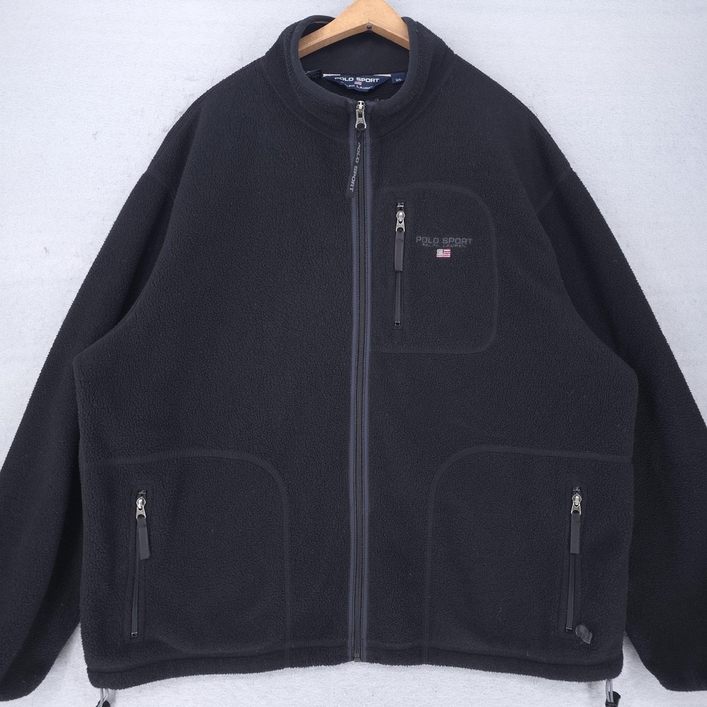 Polo Sport Ralph Lauren Jacket Mens XL Black Fleece Full Zip Pockets USA Flag